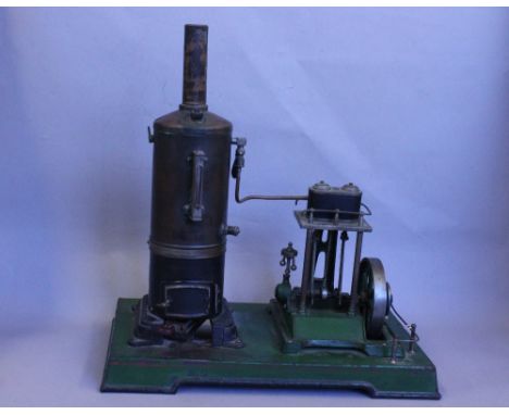 Doll & Co. 1930's Vertical marine type steam engine with double cylinder, includes a water glass, whistle, safety valve & cat