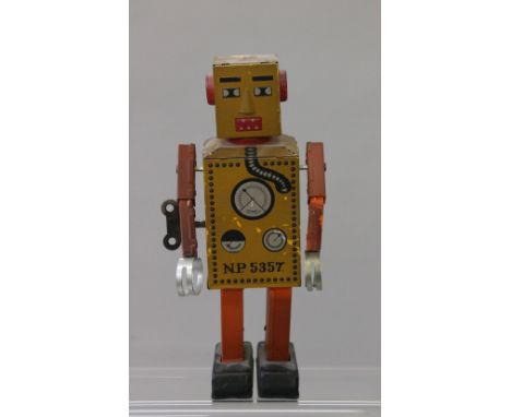 Robot Lilliput reproduction tinplate toy by unknown maker, yellow lithographed head and body, orange arms and legs, fixed key