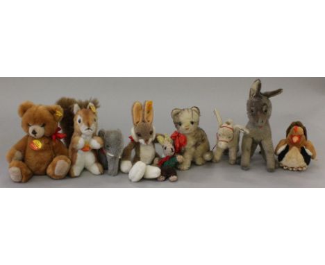 Selection of Steiff and other soft toys, includes Steiff Petsy Bear 0230/28 with labels and button and Steiff Jumbo with butt