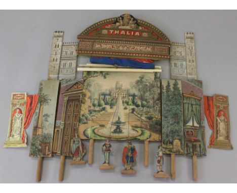 Thalia wooden puppet theatre, made by Joseph Scholz (Germany), c. 1880, comprising various stage parts, including 'Thalia' st