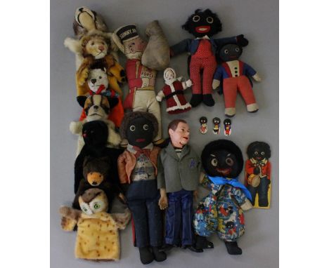 Mixed lot of soft toys and Steiff puppets: Palitoy Archie Andrews ventriloquist dummy, wearing grey felt jacket and blue trou