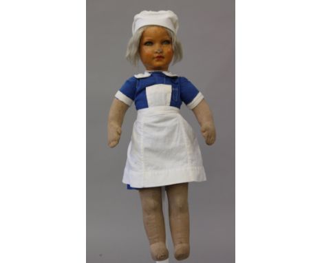 Dean's 'Edna Kleenagane' cloth doll, c,1930's: moulded 'Kleenagane' face, painted green eyes and features, blonde hair, wears