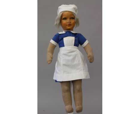 Dean's 'Edna Kleenagane' cloth doll, c,1930's: moulded 'Kleenagane' face, painted green eyes and features, blonde hair, wears