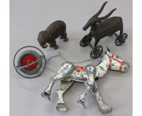 Moko Muffin The Mule articulated puppet, together with hollow-cast walking elephant, a Victorian antelope on wheels, possibly