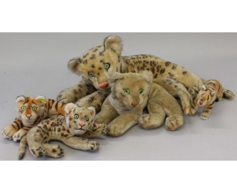 Selection of Steiff Cats, includes large leopard, length 52cm, tiger with button, length 25cm, lion with button, length 32cm.