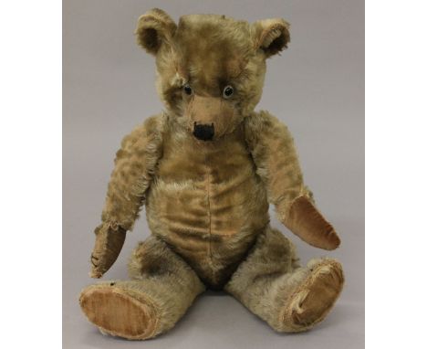 Large Chiltern Hugmee or similar mohair teddy bear with glass eyes, stitched nose and mouth, inoperative squeaker. Height 59c