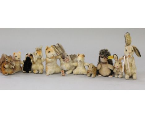 Quantity of Steiff plush animals: Joggi Hedgehog, sitting, button and tag to ear, height 14 cm; Possy Squirrel, height 13 cm;
