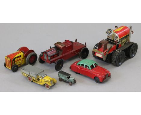 Six assorted playworn tinplate vehicles including clockwork Well's Brimtoy tractor. 