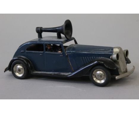 Triang Minic Traffic Control Car, dark blue, single plastic speaker to roof, two policeman figures inside, Shell petrol can o