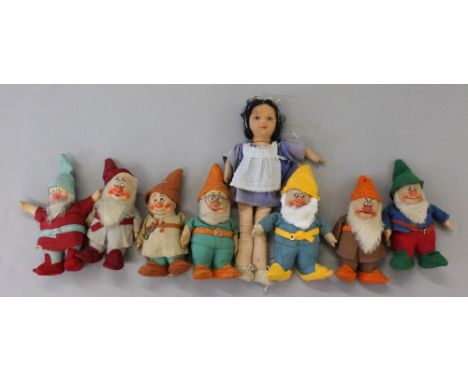 Chad Valley Snow White and the Seven Dwarfs cloth dolls: Snow White, height 32 cm, wearing blue dress with blue and white spo