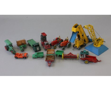 Dinky Toys selection of agricultural equipment & road vehicles, includes tractors, elevator loader, trailers, road roller, an