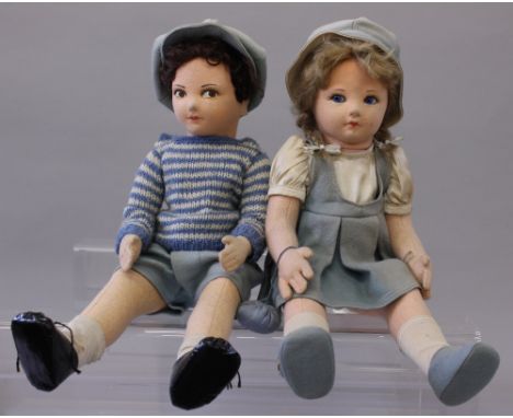 Pair of Norah Wellings 1930's cloth children dolls, with molded felt faces and painted features, Norah Wellings labels to wri