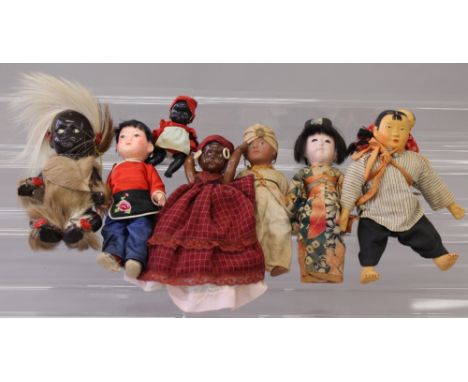 Selection of composition dolls, includes: Chinese composition peasant woman, c.mid 20th century, stuffed cloth body with comp