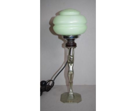 Art Deco chrome electric 'Diana' lamp with pale green glass shade, 45cm high