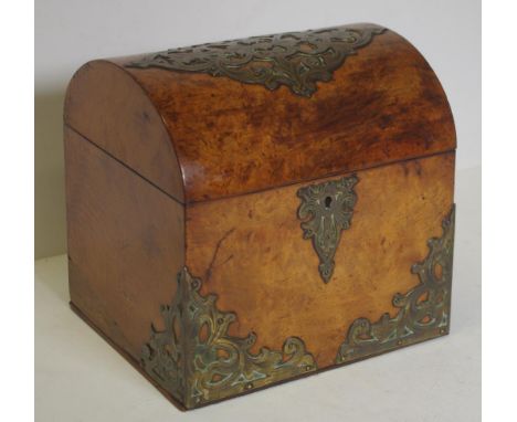 Victorian figured walnut tea caddy with cut brass strap work, circa 1870, 17.5cm wide, 15cm deep, 17cm high approx