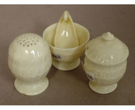Five piece Royal Worcester porcelain condiment set including open salt and spoon, mustard pot and pepperette. Marked to bases