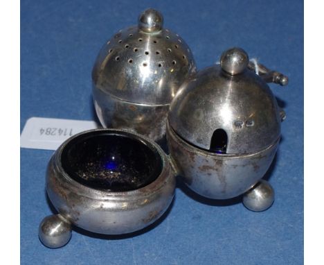 Victorian sterling silver condiment set cruet base marked for Sheffield 1881, maker's mark rubbed. Including pepper pot, must