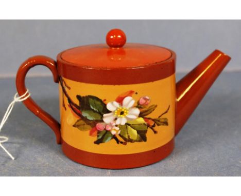 Vintage Devon terracotta teapot floral decorated. Circa 1900. Height 9cm approx.