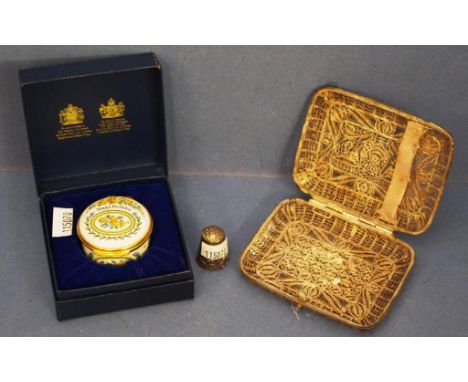 Boxed Halcyon Days enamel lidded bowl together with silvered filigree card case; and a vintage thimble.