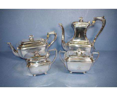 Four piece Art Deco silver plated tea & coffee service, maker - James Dixon & Sons, monogrammed,