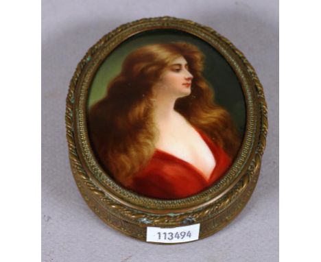 Vintage porcelain lidded trinket box porcelain lid with portrait of a woman, to metal box, with lined interior ("worn). Heigh