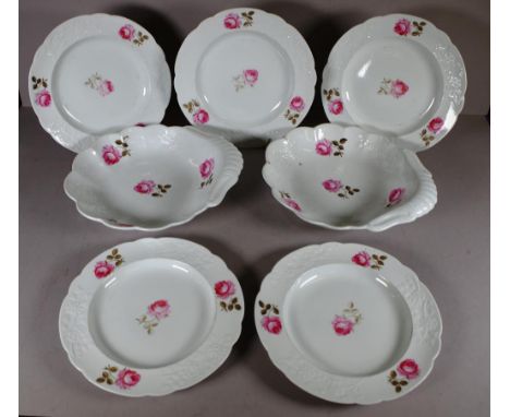 Antique Spode seven piece dessert set pink rose decoration, including 5 plates (1 as inspected: staple restoration), and 2 se