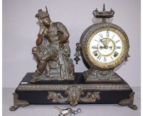 Ansonia Mercury spelter figural mantle clock with open escapement porcelain dial, 45cm width, 37cm height approx, key and pen