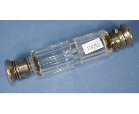 Vintage double ended crystal perfume bottle monogrammed, silver plated caps. (some dents). Length 14cm approx.