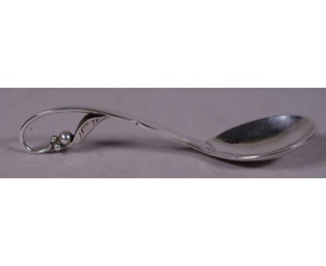 Georg Jensen sterling silver condiment ladle with a scroll handle, foliate and berry motif, stamped sterling Denmark , number