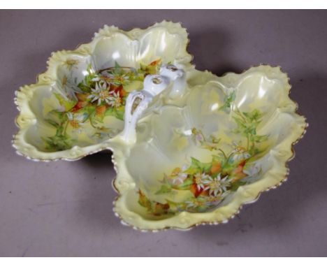 Vintage Austrian porcelain serving dish floral decoration to double section dish, with handle. Diameter 35cm approx.