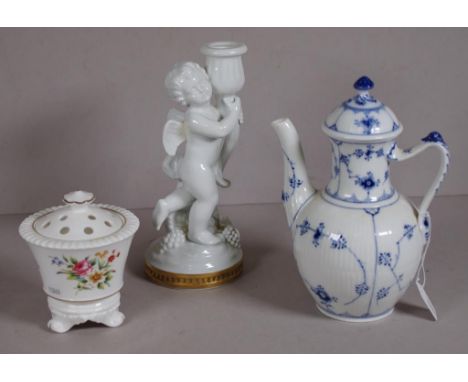 Royal Worcester lidded pot pourri dish "Roanoak" pattern. 12cm approx; together with Royal Copenhagen coffee pot, blue & whit