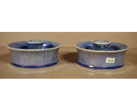 Pair vintage Ruskin blue glaze candlesticks each marked to base. Circa 1920. Diameter 13cm approx (each).