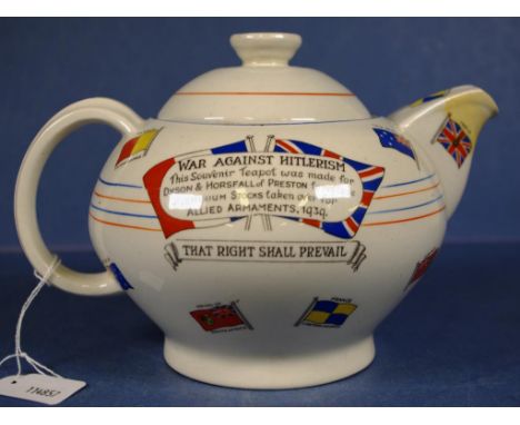 Vintage 1939 WWII war effort promotion teapot with inscription "This Souvenir Teapot was made for Dyson & Horsfall of Preston