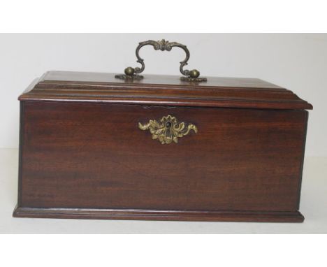 Georgian Cuban mahogany tea caddy with 3 sectioned oak interior, original rococo brass handles and escutcheon, a secret drawe