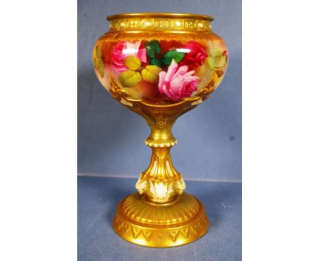 Antique Royal Worcester porcelain footed vase handpainted roses decoration, to embossed column on circular gilded base. Stamp