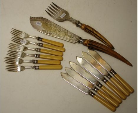 Vintage set six each fish knives & forks silver plated, with bone handles; together with antler handled fish serving set, sil