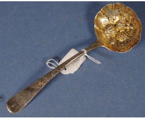 George III sterling silver fruit ladle London 1811, maker Richard Turner. Embossed fruit decoration to pierced bowl. 18cm app