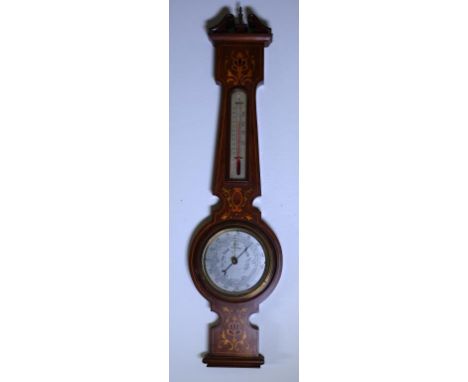 Vintage English wall barometer and thermometer inlaid wood decoration. Height 73cm approx.