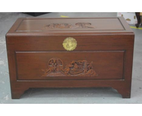 Oriental carved camphorwood trunk 101cm wide, 53cm deep, 58cm high approx