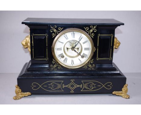 Ansonia 'Venice' cast iron cased mantle clock circa 1901 American 8 day movement, with key and pendulum, 41cm width, 26cm hei