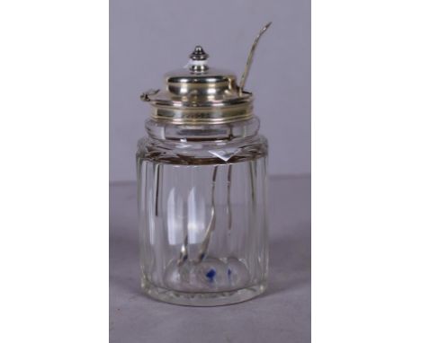 Victorian sterling silver lidded condiment jar Sheffield 1837, maker Thomas Bradbury & Son, sterling silver lid to crystal bo