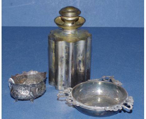 Vintage Neubert silver plate flask marked to base; together with a silver  plated bowl, marked to base; and an open salt fram