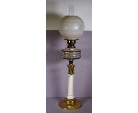 Antique brass & enamel fuel banquet lamp original glass shade on crystal font, to enamel column and circular brass base. Heig