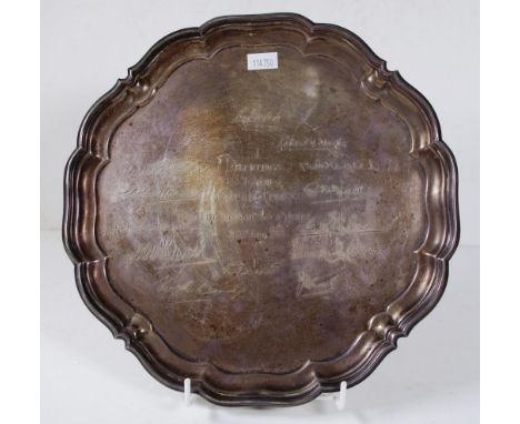 George VI sterling silver salver Sheffield 1941, makers Harrison Brothers & Howson. With engraved dedication and several unid