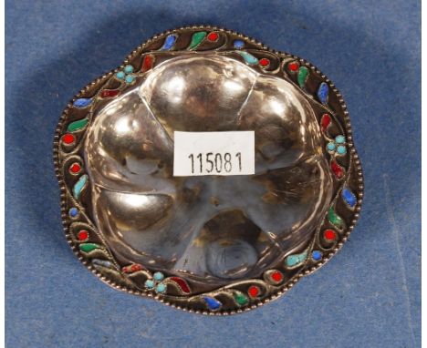 Vintage silver and enamel pin dish stamped 1000 (possibly Russian silver), with floral decoration, width 7.5cm approx