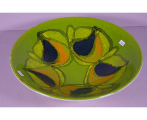 Vintage Poole large bowl figural decoration on green ground. Diameter 34.5cm approx Height 9cm approx.