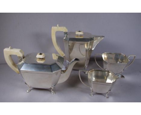 Four piece Art Deco sterling silver tea set Hallmarked Sheffield 1947, 1948, 1949 ( Viner's Ltd ) comprising of coffee pot, t