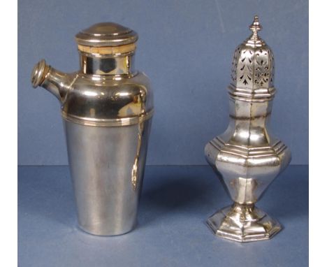 Vintage English silver plate cocktail shaker capacity 1.25 pints, marked to base; together with a silver plate caster sugar s