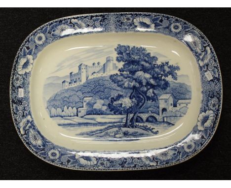 Vintage blue & white meat platter bridge and castle decoration. Length 47cm approx.