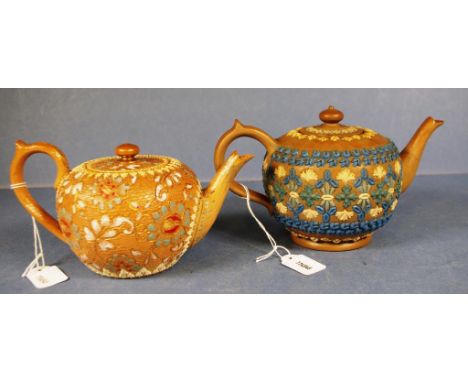 Antique Doulton Lambeth Silicon teapot applied blue & white decoration. Marked to base and 1881. Height 10cm approx; together